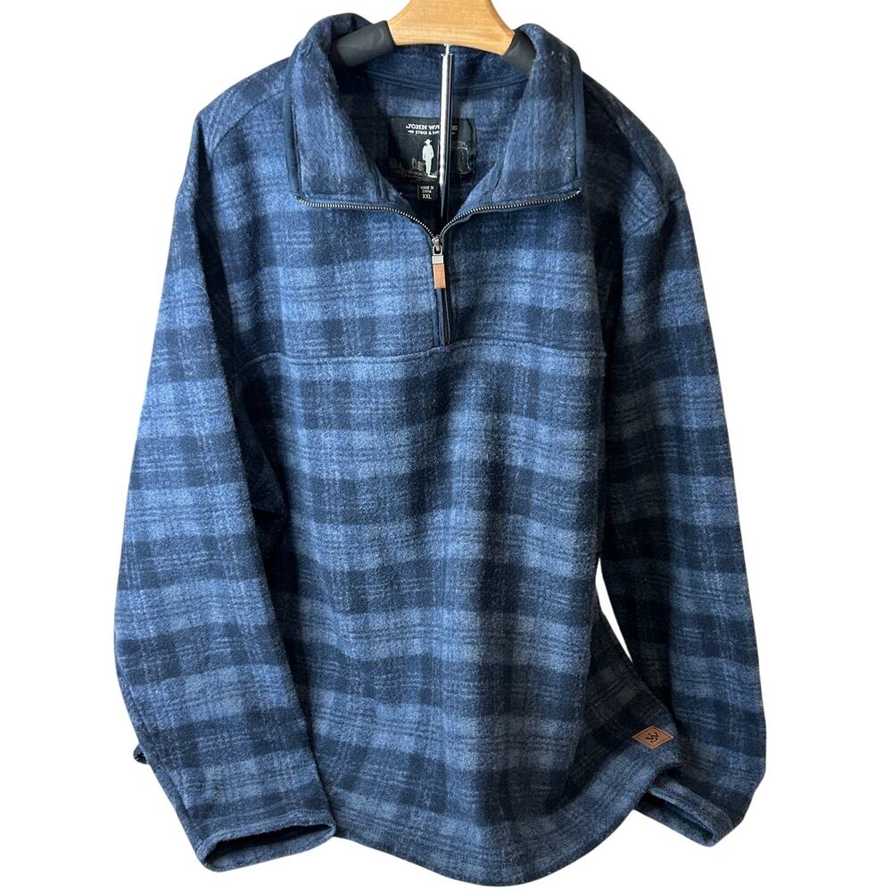 John Wayne Mens sz xxl Blue plaid 1/4 zip fleece pullover